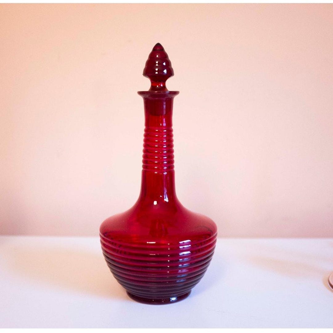 Red Ribbed Glass Decanter | Vintage Barware - Etsy