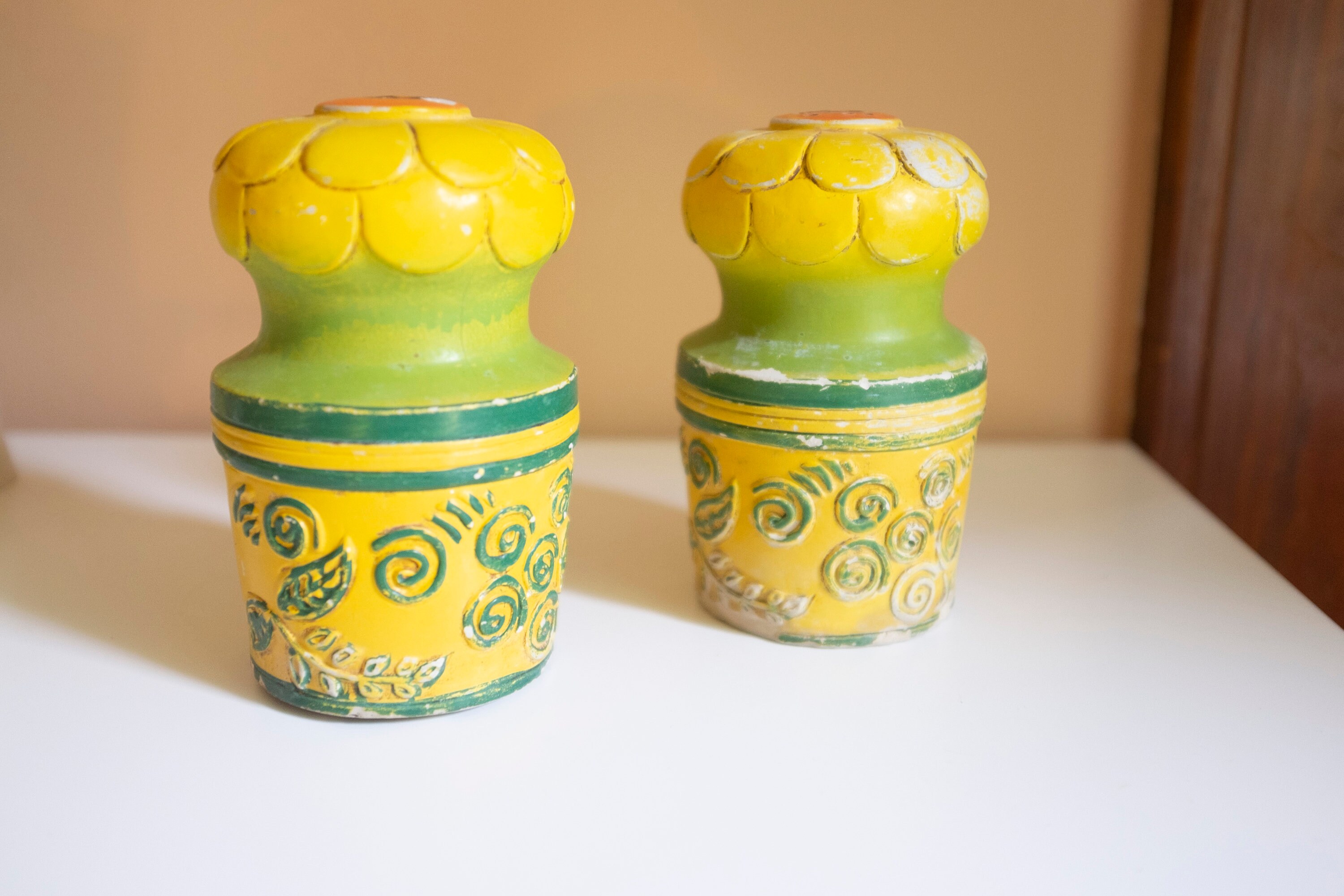 Giant 6 Tall Salt and Pepper Shakers Groovy Yellow and Green 1970s Design Etsy