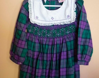 キッズカウントチェックロンパース｜ヴィンテージパープルグリーンスモックガールズドレス 4T