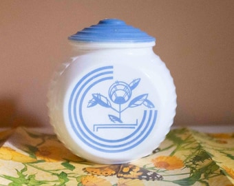 Vintage Vitrock Grease Jar with Blue Lid and Art Deco Design