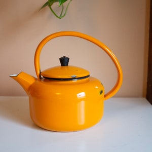 Vintage orange Aubecq enamelware kettle | MCM teapot Made in France | French country style