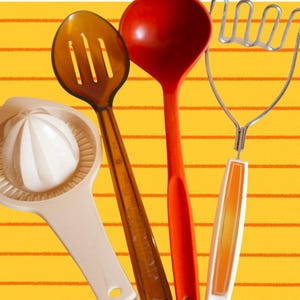 May include: A collection of kitchen utensils against a yellow background. Includes a white citrus juicer, a brown slotted spoon, a red ladle, and a metal potato masher with an orange and white handle.