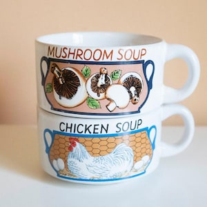 Mokken voor kippensoep en champignonsoep | Vintage stapelbare keramische kommenset van 2