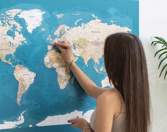 Push Pin World Map to Mark Places You've Been, Large Traveler Pin Board, Travel Tracker Wall Art, Personalized Gift for Travelers, 100 Pins