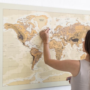 Push Pin World Map to Mark Places You've Been, Travel Tracker Canvas Wall Art, Visited Countries Pinnable Traveller Map Gift, 100 Pins