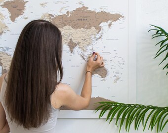Places You've Been World Map, Large Detailed Push Pin Travel Map, Visited Countries Pin Board Wall Art, Personalized Travel Tracker Canvas