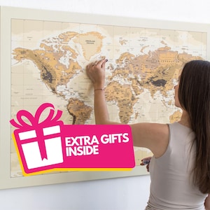 Push Pin World Map to Mark Places You've Been, Travel Tracker Canvas Wall Art, Visited Countries Pinnable Traveller Map Gift, Free Gifts