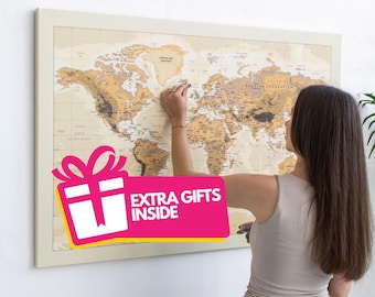 Push Pin World Map to Mark Places You've Been, Travel Tracker Canvas Wall Art, Visited Countries Pinnable Traveller Map Gift, Free Gifts