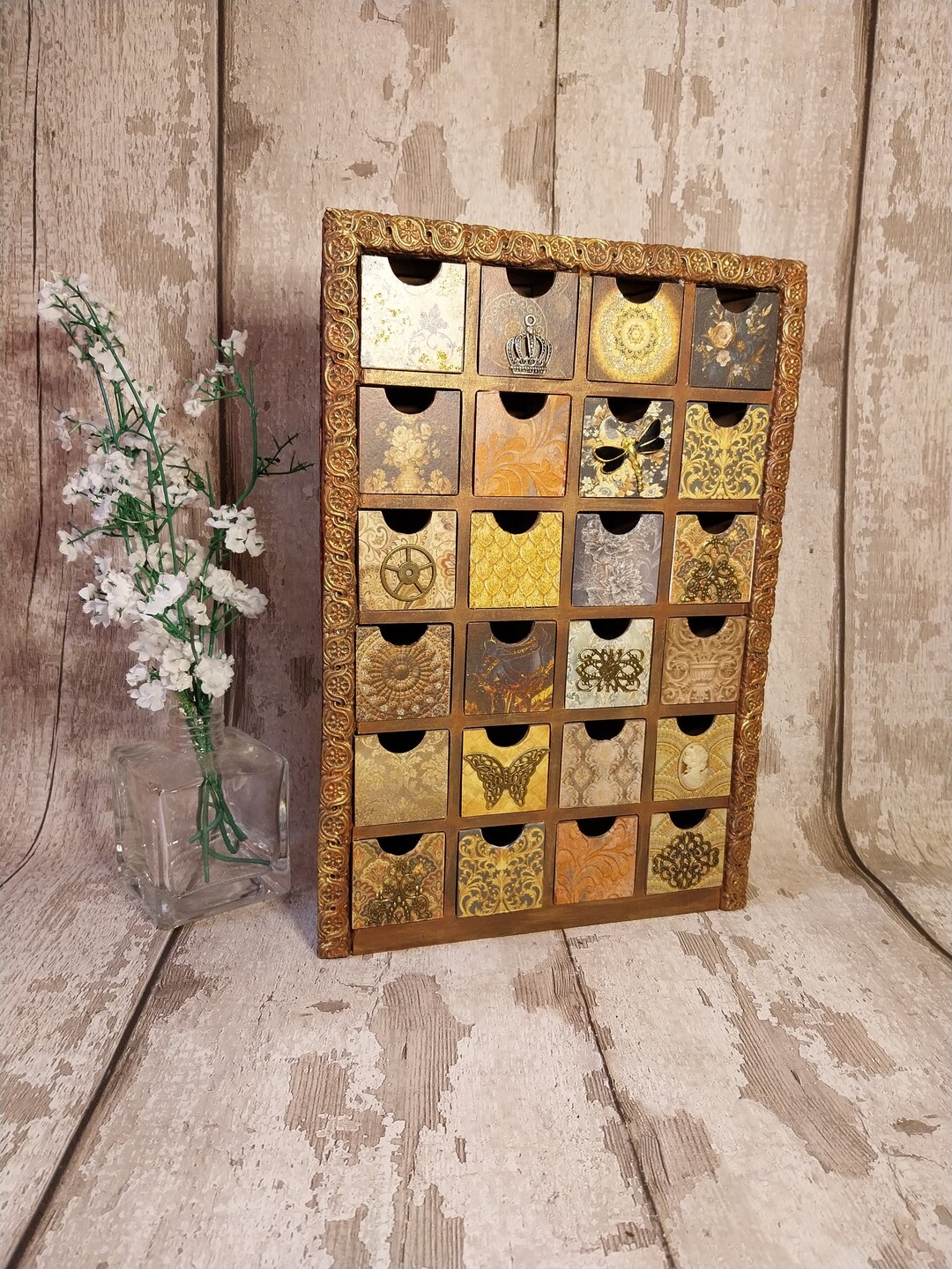 Jewellery Box Drawers, Storage Organiser Chest, Decorative Ornamental 24 Compartments for Bits