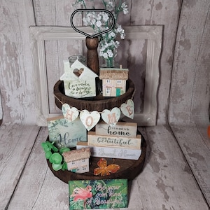 Home wooden Tiered Tray Décor. Freestanding plaque signs and stacking blocks. Home sweet home quotes. Little decorative house. Green.