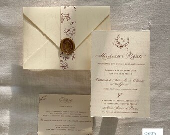 Set Elegante e Rustico di Partecipazioni Matrimoniali ALICE con Sigillo in Ceralacca e Fascetta delicata- Personalizzate e Fatte a Mano