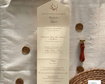 Campione Partecipazione Matrimonio Pocketfold ALICE con Sigillo in Ceralacca, Formato quadrato senza busta-Personalizzata e Fatte a Mano