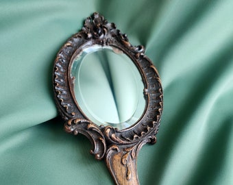 Miroir à main en bois sculpté, bois antique, style romantique et rustique, art du bois de forêt ancien et rare