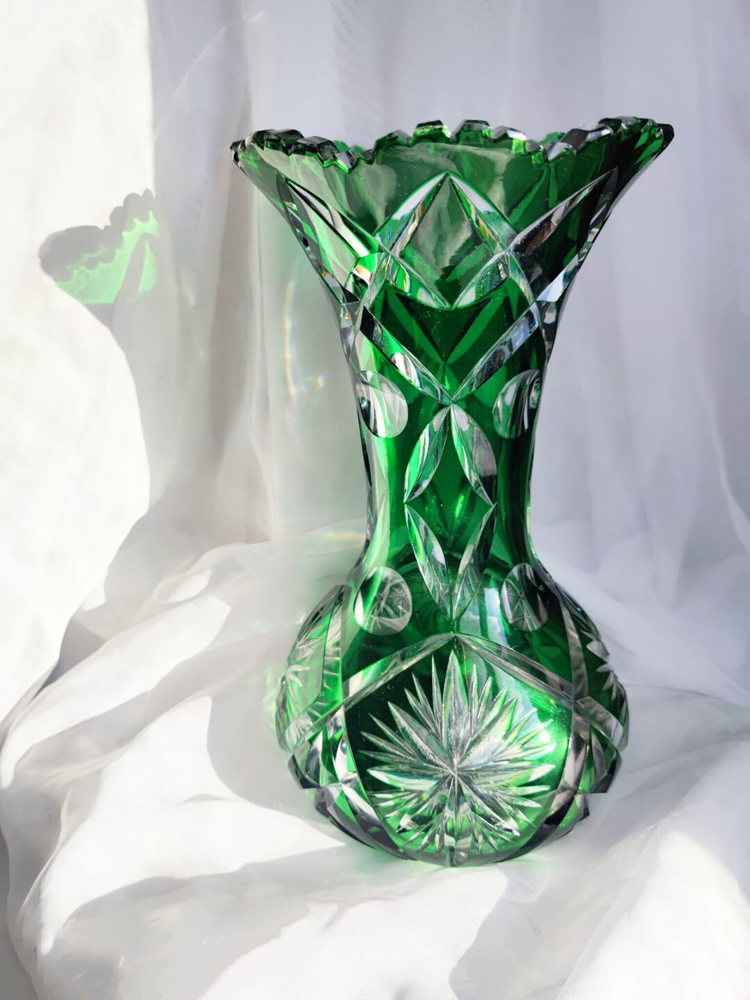 Bohemian Cut Crystal Emerald Vase From 1960 Very Rare Shaped Etsy