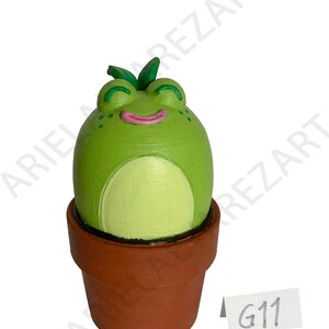 May include: A whimsical, green frog figurine with a smiling face and small leaves on its head, set in a brown terracotta pot. The frog has a light green belly and pink lips. A small white tag with "G11" is visible.