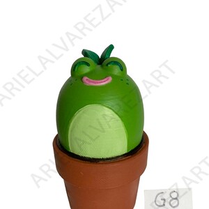 May include: A whimsical, green frog figurine with a smiling face and leaf accents, perched in a brown terracotta pot. The frog has a light green belly and is a decorative item. The tag reads "G8".