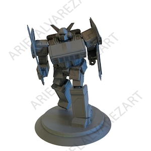 May include: A gray, 3D-printed robot figure with a detailed, mechanical design. The robot stands on a circular base and has articulated limbs, a boxy torso, and a helmet-like head. The figure is a collectible item.