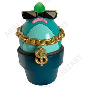 May include: A teal-colored, cartoon-style planter with a face, wearing gold-rimmed sunglasses and a gold chain with a dollar sign pendant. The planter has a green leaf on top and is set in a dark teal pot.
