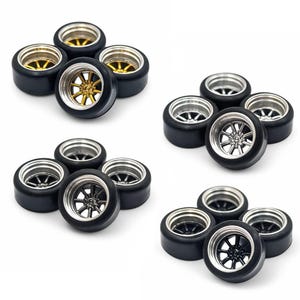 May include: A collection of miniature car wheels with black tires and metallic rims. The rims come in gold, silver, and black, showcasing a variety of spoke designs. The wheels are arranged in small groups, offering a detailed view of the different styles.