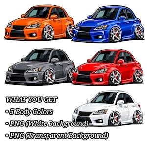Deformed Stance Car Art PNG Picture Set – 5 Body Colors – Generic Custom Car (4K, White & Transparent Backgrounds)