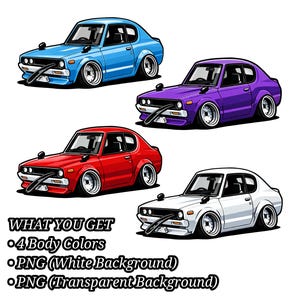 Deformed Stance Car Art PNG Picture Set – 4 Body Colors – Generic Custom Car (4K, White & Transparent Backgrounds)