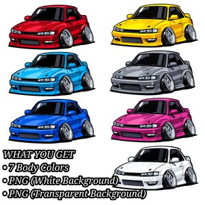 Deformed Stance Car Art PNG Picture Set – 7 Body Colors – Generic Custom Car (4K, White & Transparent Backgrounds)