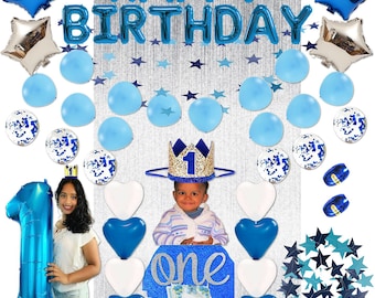 SPSS INNOVATIVE 1st boy birthday decoration,  boy first birthday, one year old boy birthday, balloons, blue,pearl,crown,cake topper,54 Pcs