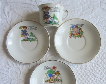 Nursery Rhymes China Cup and Saucers. Doll's teacup. Humpty Dumpty. Cup, 3 Saucers. Vintage.
