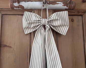 Dark Green Striped Fabric Bow. Ticking Fabric.   Decorative Bow. Christmas Bow