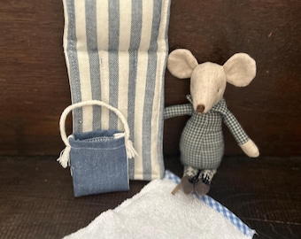 Maileg Mouse Beach Set. Maileg Holiday. Deckchair, Beach Mat, Towel, Sarong.