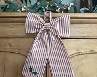 Red Striped Fabric Bow. Ticking Fabric. Holly Embroidery.  Decorative Bow.  Christmas Bow.