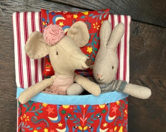 Liberty Christmas Fabric Sleeping Bag for Maileg Mouse. Sylvanians. 18.5 cms by 13 cms.