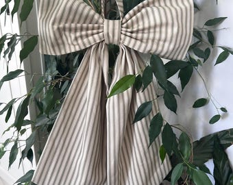 Dark Green Striped Fabric Bow. Ticking Fabric. Large Size.  Decorative Bow. Christmas Bow