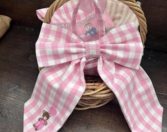 Pink Gingham Embroidered Fabric Bow.  Teddy & Balloon Embroidery.  Baby Gift.  Nursery Decor. Baby Girl Bow. Baby Shower