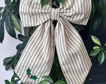 Green Striped Fabric Bow.  Holly Embroidery.  Ticking Fabric.  Decorative Bow.  Christmas Bow.