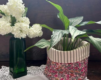 Pretty Liberty and Ticking Fabric Reversible Basket. Storage Basket, Makeup Basket, Dressing Table Tidy.