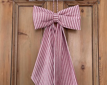 Extra Large Padded Red and White Stripe Fabric Bow. Decorative Bow.  Christmas Bow. Christmas Decoration. Wreath Bow.