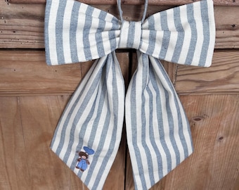 Blue Striped Embroidered Fabric Bow.  Teddy & Balloon Embroidery.  Baby Gift.  Nursery Decor. Baby Boy Bow