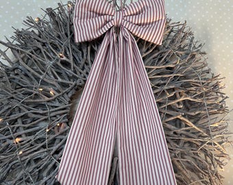 Extra Large Red Striped Fabric Padded Bow.  Decorative Bow.  Wreath Bow. Home Decor.