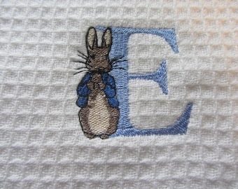 Baby Personalised Washcloth. Waffle and Towelling. Peter Rabbit Initial. Customised Baby Gift