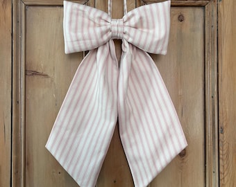 Large Pink Striped Fabric Padded Bow. Ticking Fabric. Handmade Decorative Bow.  Nursery Decor.  Girl's Bedroom Decoration.