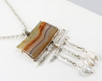Extremely rare masterpiece, unique landscape agate in fusion with pure 14ct yellow gold, pure sterling silver and exclusive pearls