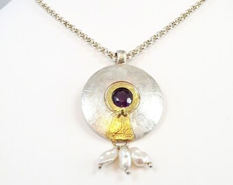 Great jewelry pendant forged from sterling silver 925 & yellow gold 585 with beautiful faceted amethyst! Master jewelry <3