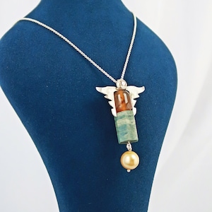 Enchanting angel pendant with beautiful turquoise, agate, Akoya pearl & zirconia in champagne color, unique piece of jewelry 3 image 1
