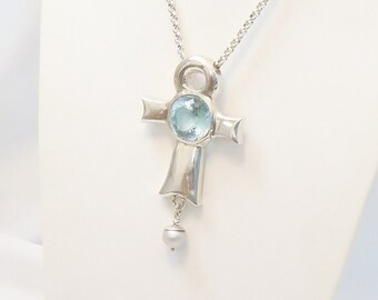 Spiritual MASTER JEWELRY, dreamlike jewelry pendant with sky blue blue topaz, ankh cross charm pendant, rare, UNIQUE jewelry <3