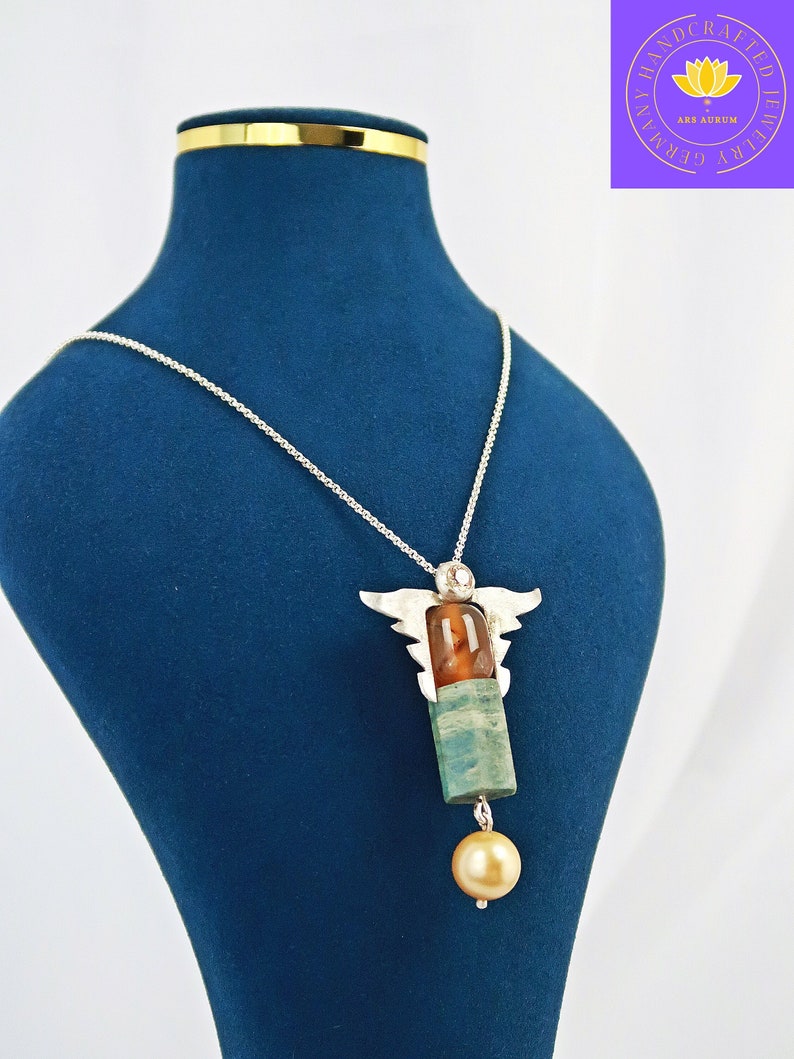 Enchanting angel pendant with beautiful turquoise, agate, Akoya pearl & zirconia in champagne color, unique piece of jewelry 3 image 1