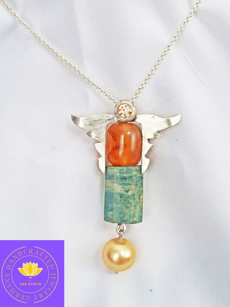 Enchanting angel pendant with beautiful turquoise, agate, Akoya pearl & zirconia in champagne color, unique piece of jewelry 3 image 9