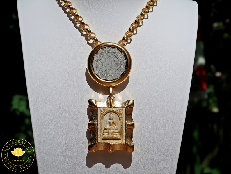 The golden BUDDHA Spiritual master jewelry, impressive JEWELRY pendant with large anchor chain and original Indian coin, valuable 3 image 8