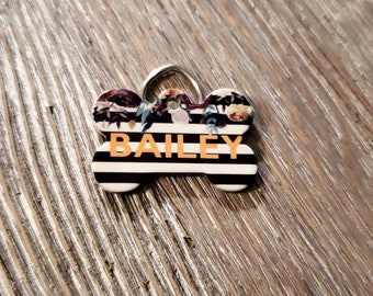 Black & White Striped Floral Personalized Pet ID Tag