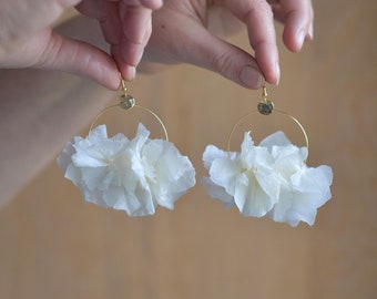 Boucles d'oreilles créoles, fleur d'hortensia stabilisée